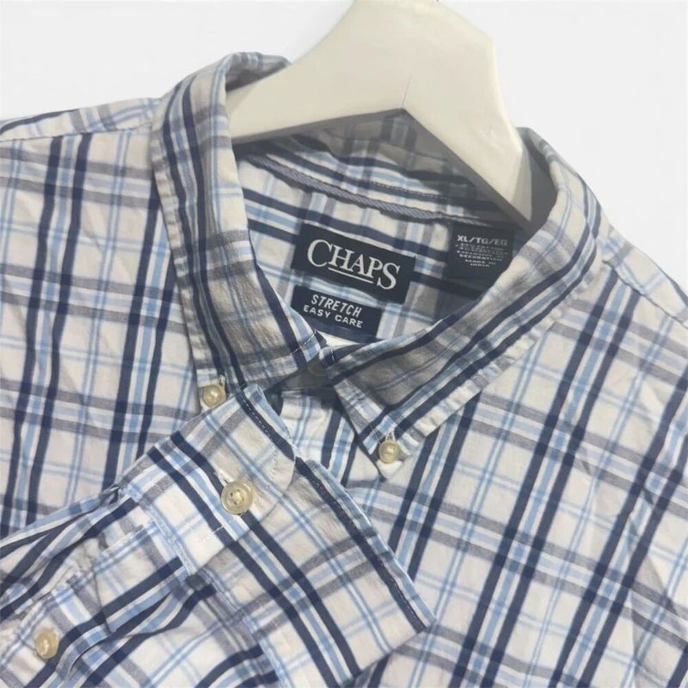 Chaps XL Easy Care Stretch Blue Plaid Long Sleeve Button Down Shirt